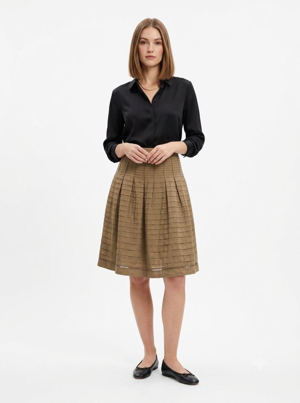 Sundance A-Line Skirt Women's 16 Taupe Brown Pleated Horizontal Pintuck Boho